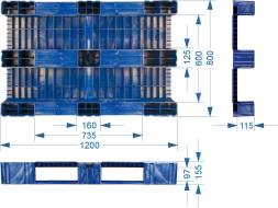 Паллет (поддон) пластиковый сплошной на 3-х полозьях, 1200x800х150 мм, зеленый  [1200800150-02]