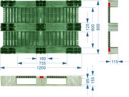 Паллет (поддон) пластиковый сплошной усиленный на 3-х полозьях, 1200x800х150 мм, синий [TR 1208-1-1]